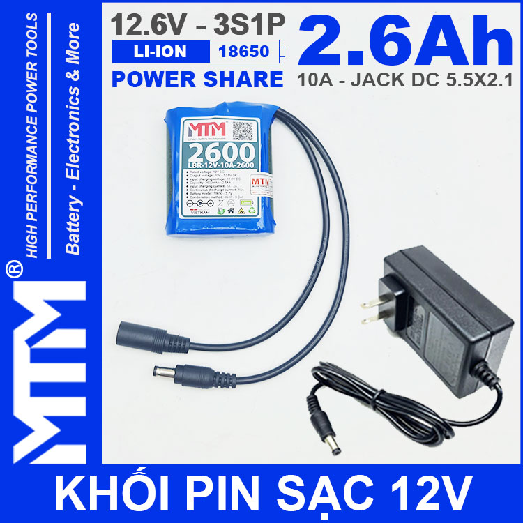 Khoi Pin Sac 12V 10A 3S1P Jack DC 18650 MTM 2600mah Kem Sac Khoi Pin Sac 12V 10A 3S1P Jack DC 18650 MTM 2600mah Kem Sac