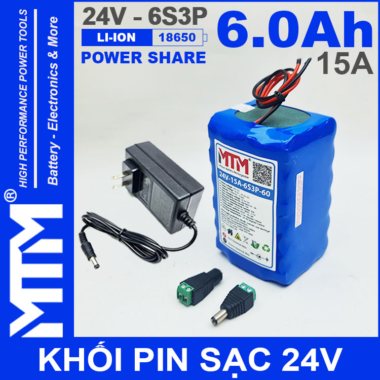 Pin 24V 6Ah 15A 6S2P 18650 MTM 6000mah Kem Sac Pin 24V 6Ah 15A 6S2P 18650 MTM 6000mah Kem Sac